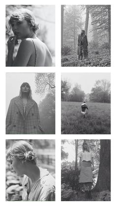 four black and white photographs of people in the woods, one woman is standing near a tree