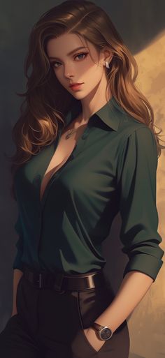 a painting of a woman in a green shirt and black pants with her hands on her hips