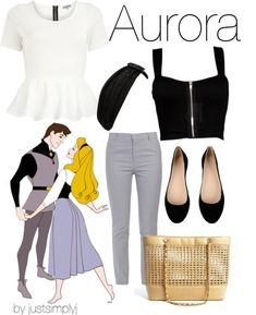 gray jeans, black top and shoes, white jacket, gold purse Aurora Inspired Outfits, Disney Character Outfits, Disney Bound Outfits Casual, Disneybound Outfits, Princess Inspired Outfits, Disney Themed Outfits, Disney Princess Outfits, Edna Mode, Cute Disney Outfits