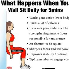 a woman doing squats with the words what happens when you wall sit daily for 5 mins