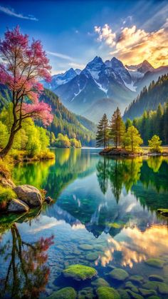 a beautiful mountain lake surrounded by trees