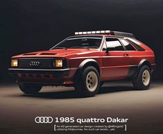 an advertisement for the audi quatro dakarr car in red and black