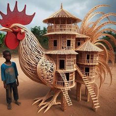 a boy standing in front of a wooden sculpture of a rooster and a house with spiral staircases