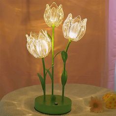 Flower Night Lamp Flower Floor Lamp, Tulip Lamp, Flower Night, Frog House, Crystal Table Lamp, Flower Bedroom, Hobbit Hole, Crystal Table, Neon Room