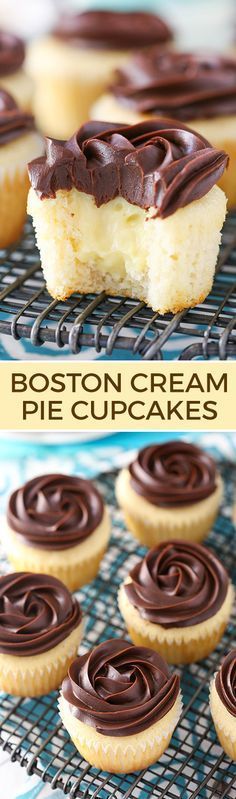 boston cream pie cupcakes on a cooling rack