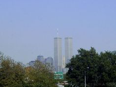 two tall buildings in the distance with trees and street signs near by on a clear day