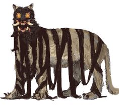 a drawing of a black and white striped cat with orange eyes, standing in front of a white background