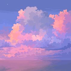 the sky is filled with pink clouds and blue water in front of a purple background