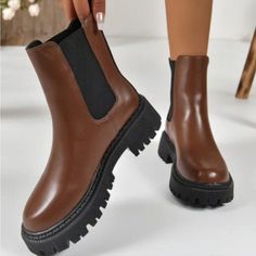 Women's Platform Chelsea Boots, Round Toe Elastic Slip On Short Boots All-Match Lug Sole Boots Chunky Brown Boots, Platform Chelsea Boots, Boutique Shoes, Sole Boots, Lug Sole Boots, Block Heel Ankle Boots, Wedge Ankle Boots, Shoe Boutique, Black Suede Boots