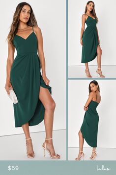Let the allure of the Lulus Reinette Dark Green Midi Dress garner attention wherever you go! Stretch crepe knit shapes slender spaghetti straps that have an adjustable fit and support a figure-enhancing princess-seamed bodice. High waist tops a pleated overlapped midi skirt that lends a curve-enhancing faux wrap silhouette. Slight high-low hem adds an elegant finish. Hidden back zipper/clasp. Fit: This garment fits true to size. Length: Knee to mid-calf length. Size medium measures 45" from adju Dark Green Midi Dress, Faux Wrap Skirt, Outdoor Fall Wedding, Adhesive Bra, Purple Love, Stretch Crepe, Green Midi Dress, Princess Seam, Strapless Bra