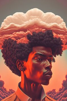 a painting of a man with an afro hairstyle and clouds in the sky above his head