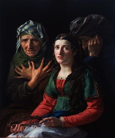 a painting of two people with one holding the other's hand up to her face