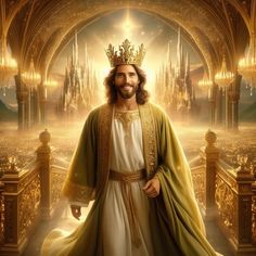 the jesus is standing in front of an ornate archway with golden lights and gold decorations