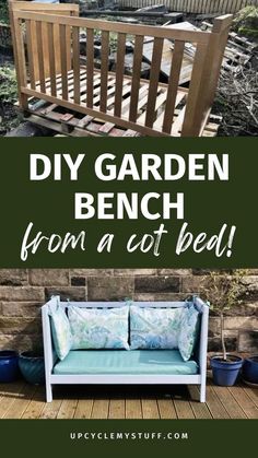 a wooden bench sitting in the middle of a yard with text overlay that reads diy garden bench from a cat bed