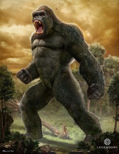 a large gorilla standing in the middle of a forest with its mouth open and teeth wide