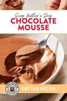 chocolate mousse in a white bowl being spooned into it with the text, easy mother's day chocolate mousse get the recipe