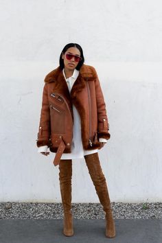 Brown Aviator Jacket Outfit, Outfits With Over The Knee Boots, Brown Aviator Jacket, Aviator Jacket Outfit, Bombshell Fashion, Aleali May, Fall 2024 Fashion, Aviator Jacket, Winter Makeup