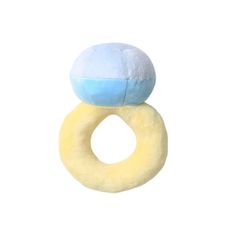 a blue and yellow ring with a white ball on it's back end, against a white background