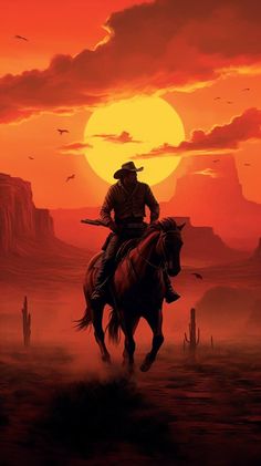 a man riding on the back of a horse in front of a red sky at sunset