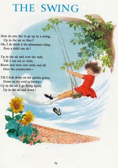 a child swinging on a swing in the air with sunflowers and flowers around