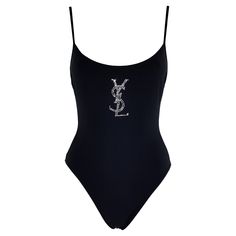 Yves Saint Laurent one-piece swimsuit / body in lycra color black crystal embellished YSL logo. Size 48 IT. Condition: Really good, vintage piece. Ysl Bodysuit, Designer Swimsuit, Ysl Vintage, Swimsuit Body, Png Clothes, Ysl Logo, Swimsuit Design, Swim Suits, Dressed To Kill