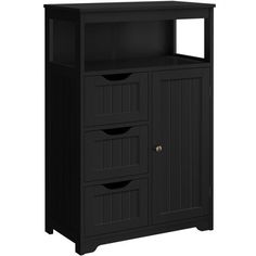 a black cabinet with three drawers on the bottom and one door open to reveal it's contents