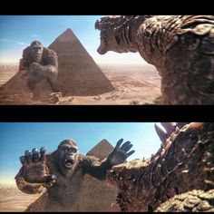 two pictures of godzillas in front of the pyramids with their hands out to grab something