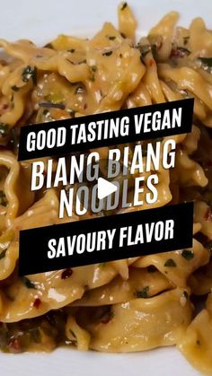 the words good tasting vegan bian gnar noodles savory flavor are shown