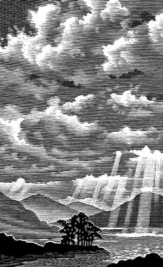 a black and white drawing of the sun shining through clouds over water with mountains in the background