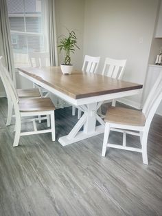 a dining room table with four chairs and a potted plant