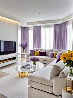 a living room filled with furniture and a flat screen tv mounted on a wall next to a fire place