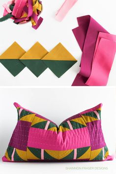 the process to make an origami pillow is shown with pink and green fabric