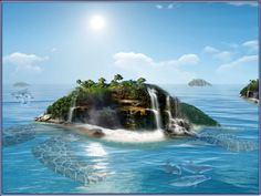 an island in the ocean with waterfall and dolphins