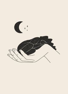 a black and white drawing of a hand holding a bird with the moon in the background