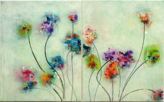 an abstract painting with flowers painted on it