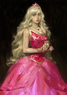 a painting of a woman in a pink dress with long blonde hair wearing a tiara