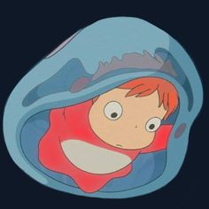 an animated image of a boy with red hair peeking out from under a blue object