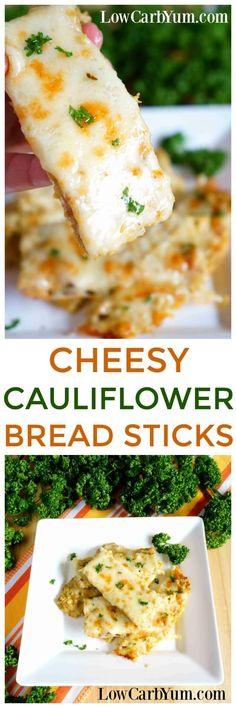cheesy cauliflower bread sticks with broccoli in the background