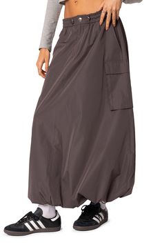 A bubble hem creates on-trend volume on this maxi-length skirt fashioned with utility-inspired details like drawcord toggles and cargo pockets. Zip fly with snap closure Drawcord-toggle waist Front slant pockets; cargo flap-patch pockets 100% polyester Machine wash, dry flat Imported Cargo Maxi Skirt, Bubble Design, Utility Style, My Mobile Number, Bubble Hem, Nylon Fabric, Gray Skirt, Model Height, Infant Tees