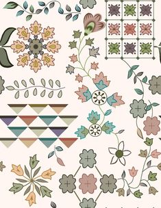 an assortment of flowers and geometric designs on a white background with text overlaying the image