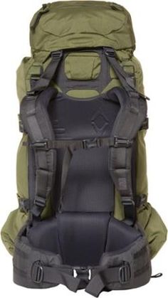 the back view of an army green backpack with straps and pockets on it's side