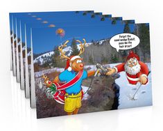 a set of six greeting cards with santa and reindeer cartoon characters on the front, one saying forgeter he has never heard before