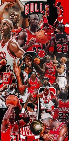 a collage of the chicago bulls and their basketball players, all in different colors