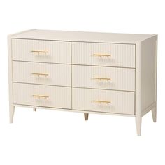 a white dresser with gold handles on it's top and bottom drawers, against a white background