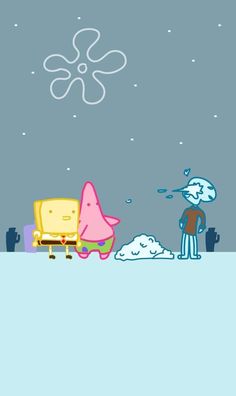 an animated character standing in the snow next to another character with a kite flying above him