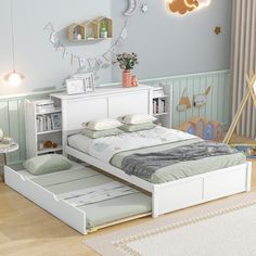 This storage platform bed is simple and fashionable. The headboard features 4-tier pullable shelves for your storage. The trundle can be located on the left side or right side so that you can position the bed freely according to your bedroom layout. The whole construction is made of solid wood and MDF, so it’s designed for long-term use. Specifications Size: Full/Queen. Material: Pine Wood+MDF. Full Size Overall Product Dimension: 98.1''W x 88.9''D x 39.4''H. Queen Size Overall Product Dimension Full Size Platform Bed, Storage Platform Bed, Full Size Bed Frame, Pull Out Shelves, Full Platform Bed, Bookcase Headboard, Storage Platform, Solid Wood Platform Bed, Headboard Storage