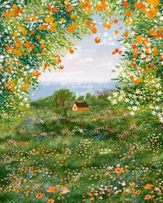 a painting of an orange tree with flowers and a house in the distance under it
