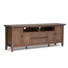 an entertainment center with two drawers and one door on the side, in brown wood