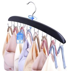 PRICES MAY VARY. ✅SPACE-SAVING DESIGN: this foldable bra hanger features a compact 14 hooks, storing multiple items, saving 80% space. 360° rotating Stainless steel hook for easier selection in any directions, and smooth natural wood in black painted to light up your wardrobe. ✅360°ROTATING HOOK: this bras hanger has a unique feature that allows you to hang items from any angle conveniently and flexibly. It means that you can hang camisoles, tank tops, bras, ties, swimsuits, belts, strappy dress Tank Top Hanger, Closet Dorm, Bra Hanger, Bra Organization, Wardrobe Space, Dorm Apartment, Tie Swimsuit, Camisole Bra, Strappy Dress