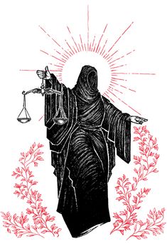 a drawing of a lady justice holding a scale